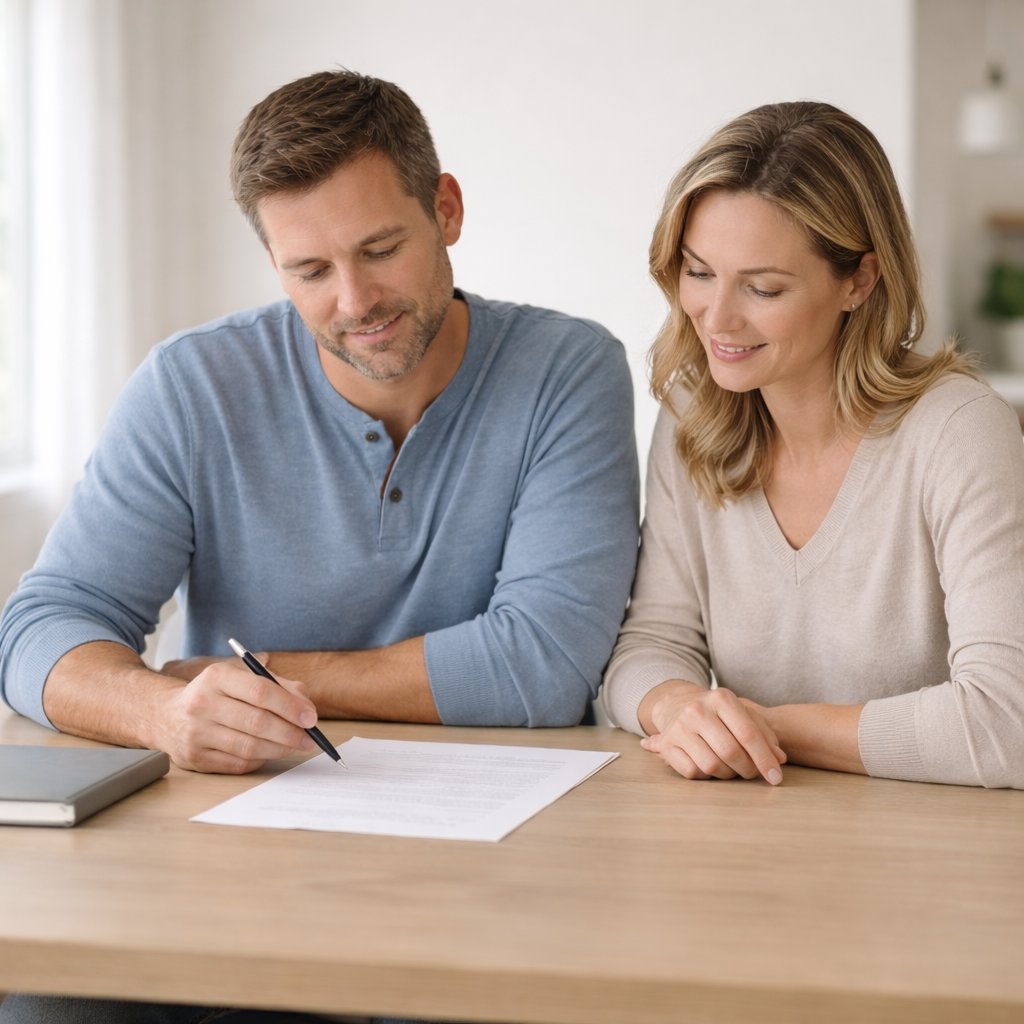 Couple reviewing and signing their divorce agreement at a table