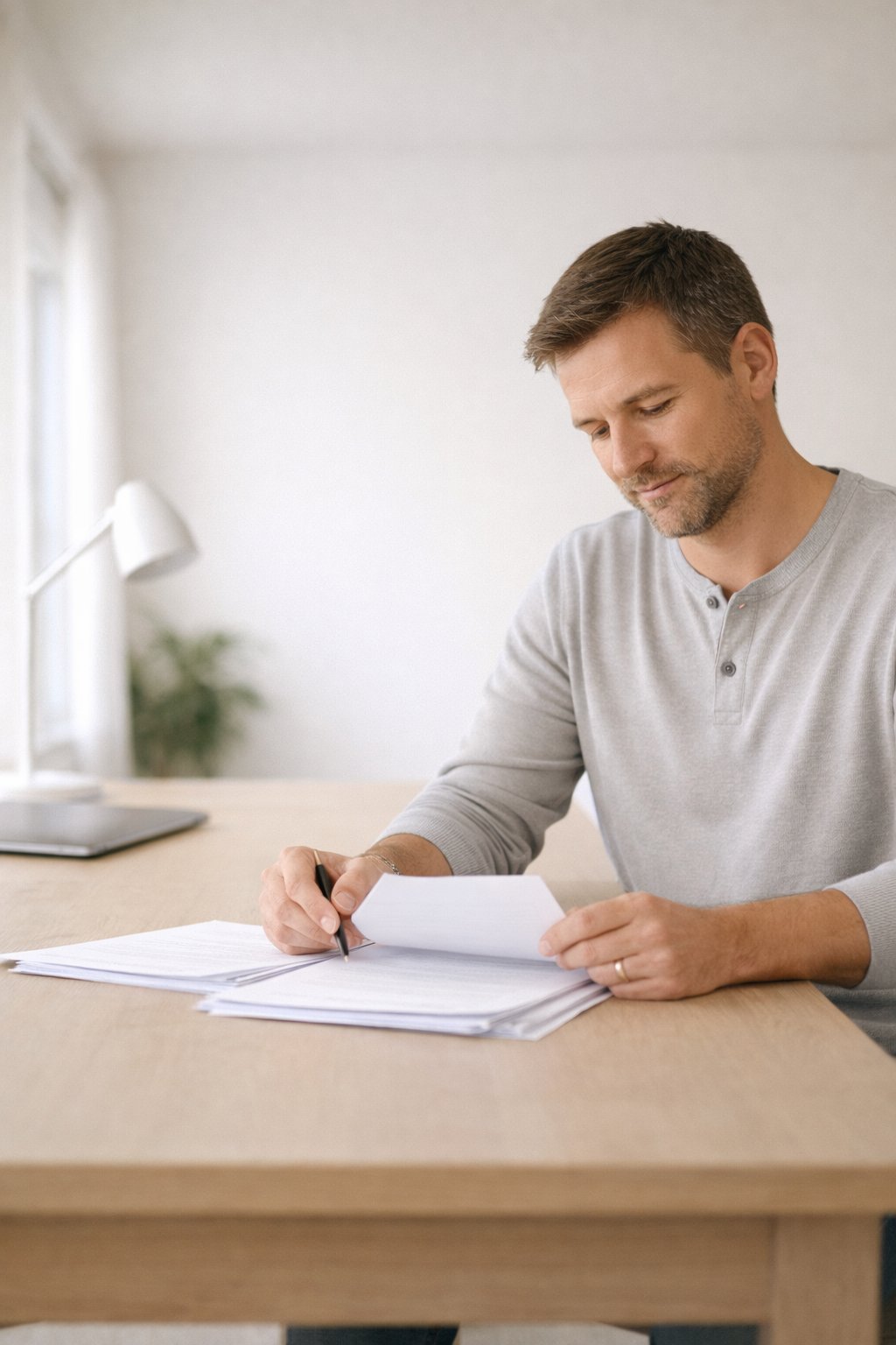 Man reviewing divorce documents at a desk