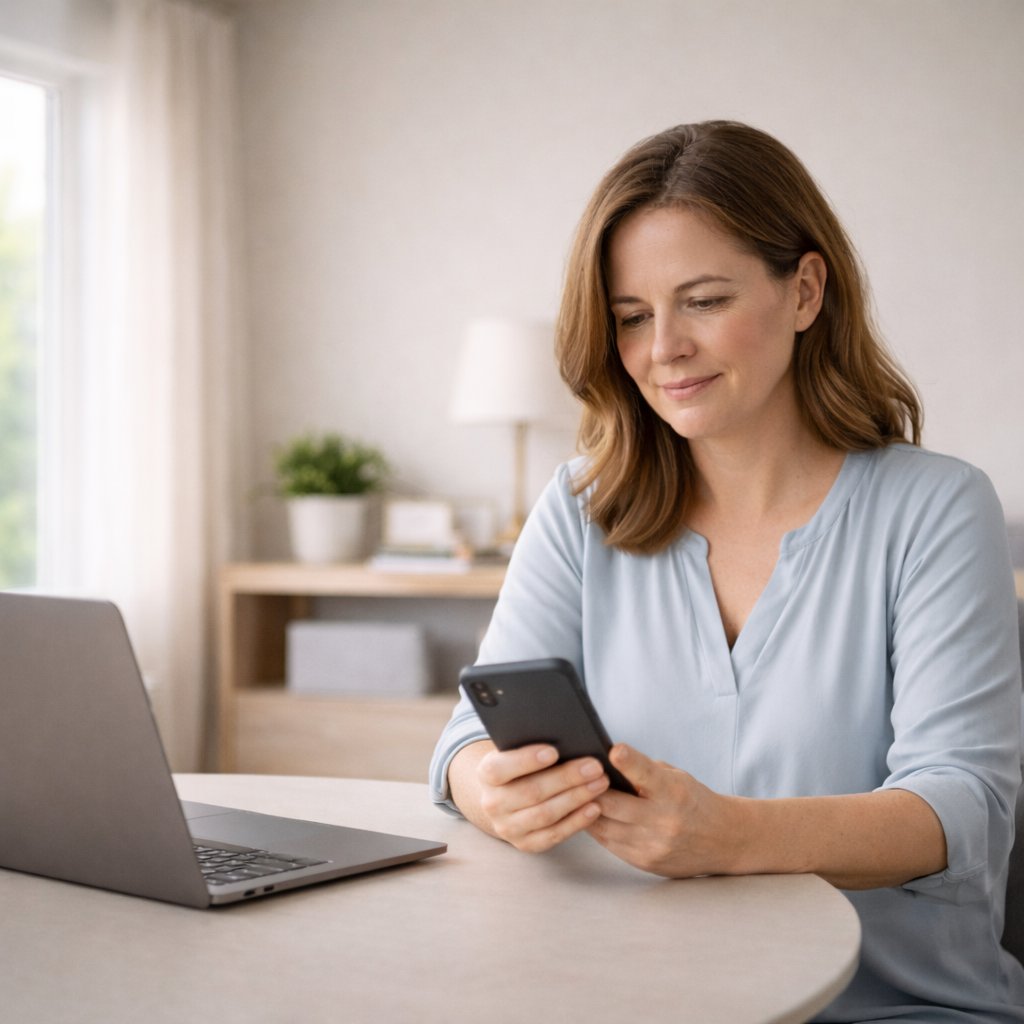 Woman checking her phone at a desk