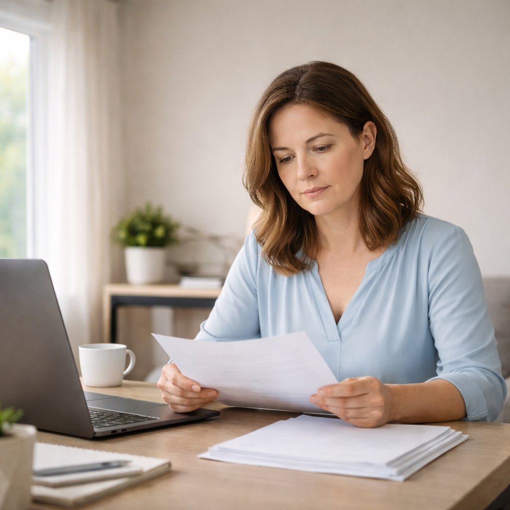 Woman reviewing divorce documents at a table