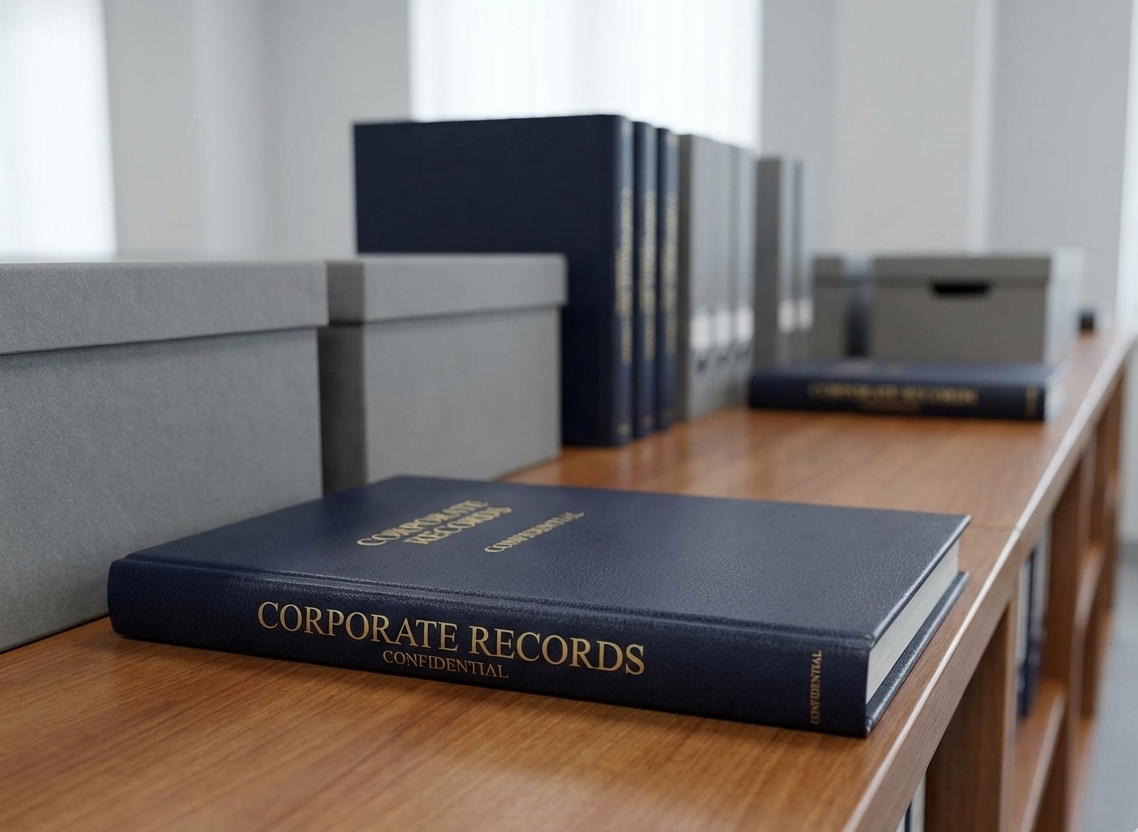 Organized corporate records and minute books on a shelf